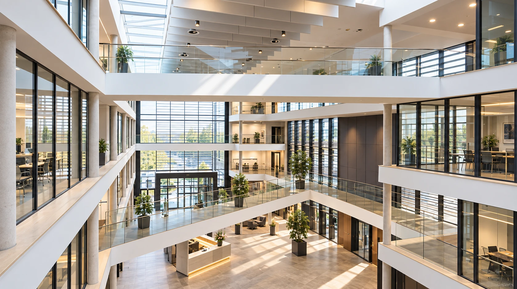 Lichtdurchflutetes Atrium eines modernen Bürogebäudes